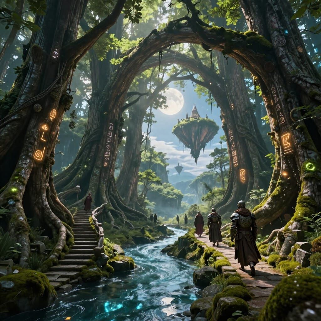 Ancient Forest Cathedral with Travelers