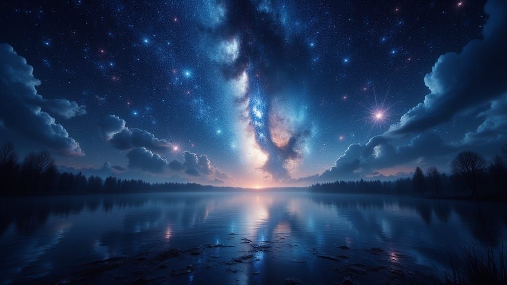 Milky Way Galaxy Over Calm Lake Astrophotography