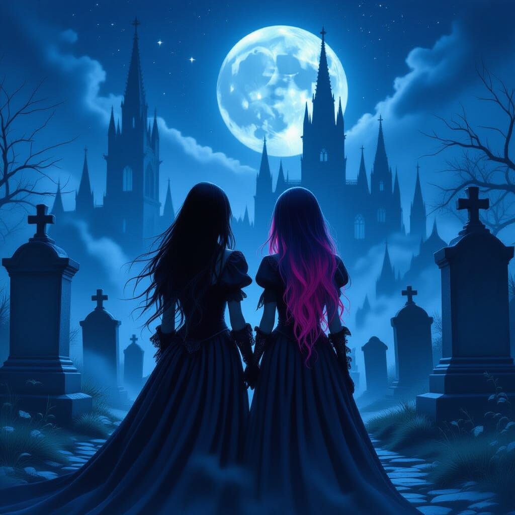 Gothic and Emo Girls in Moonlit Cemetery