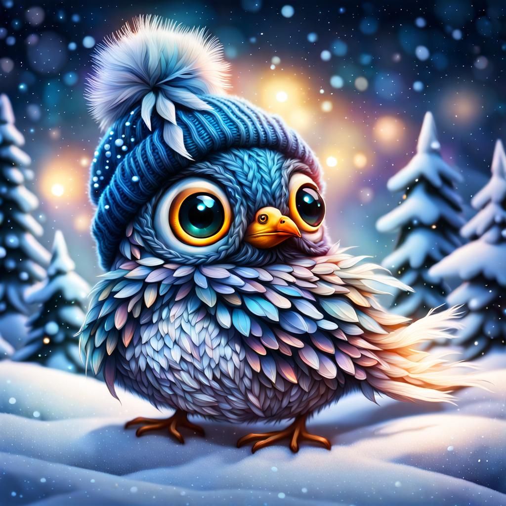 Cute Fantasy Bird with Knitted Hat in Winter Scene