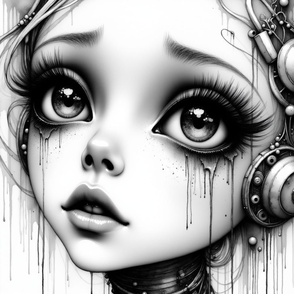 Anime Robot with Tear: Black and White Art Nouveau
