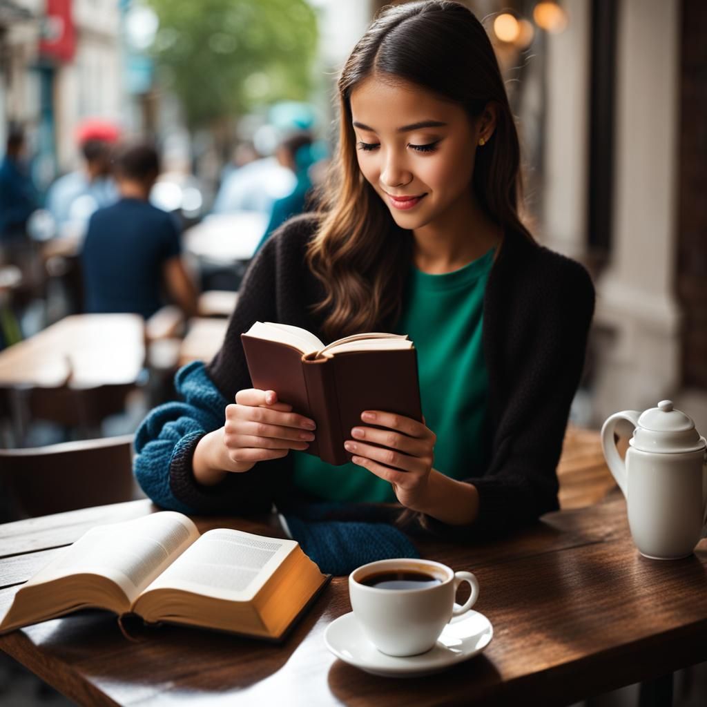 Girl Reading Book with Coffee Cup