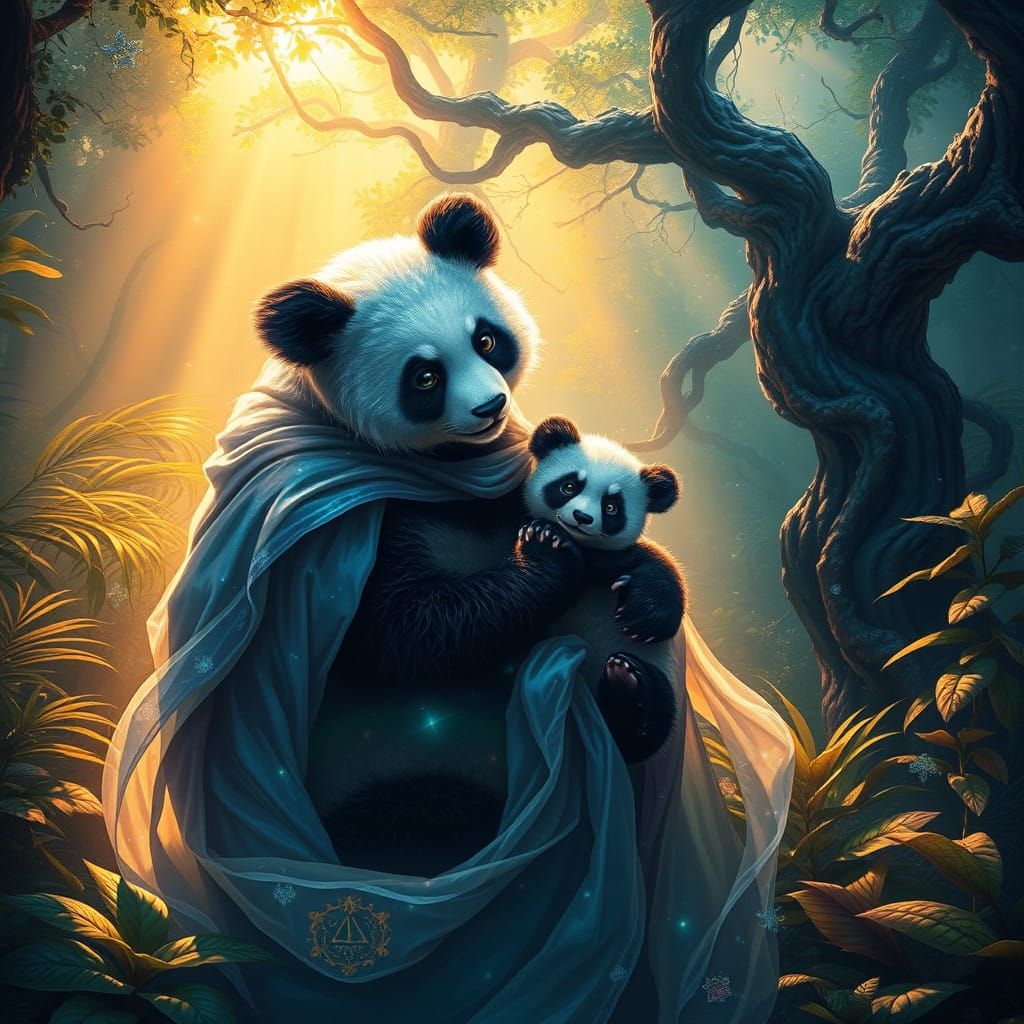 Fairy Panda in Enchanted Jungle with Young Cub