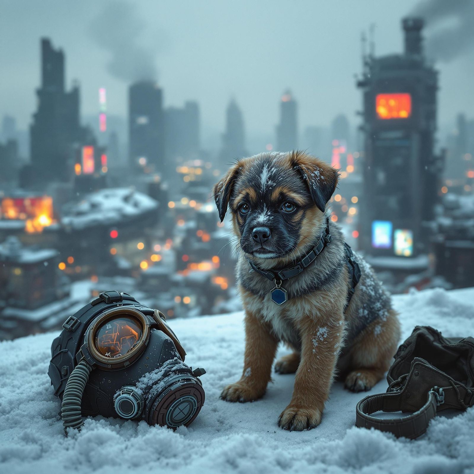 Realistic Postapocalyptic Winter Landscape with Lonely Puppy