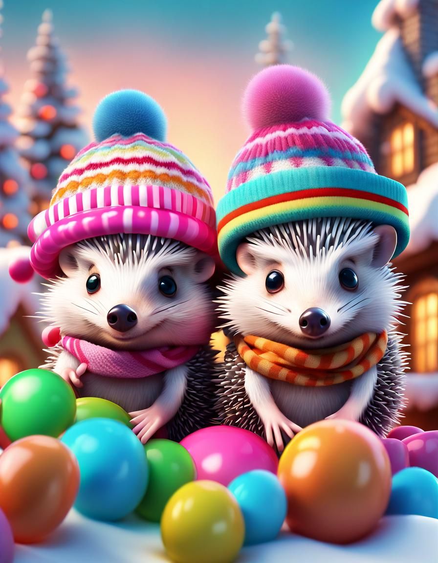 Hedgehogs Skiing in Candyland: Digital Illustration