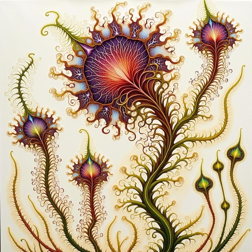 Intricately Detailed Botanical Drawing in Whimsical Style