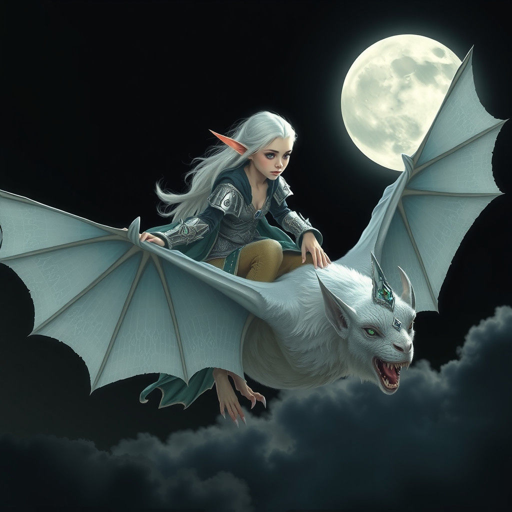 Elf Maiden Rides Albino Bat Under Moonlight