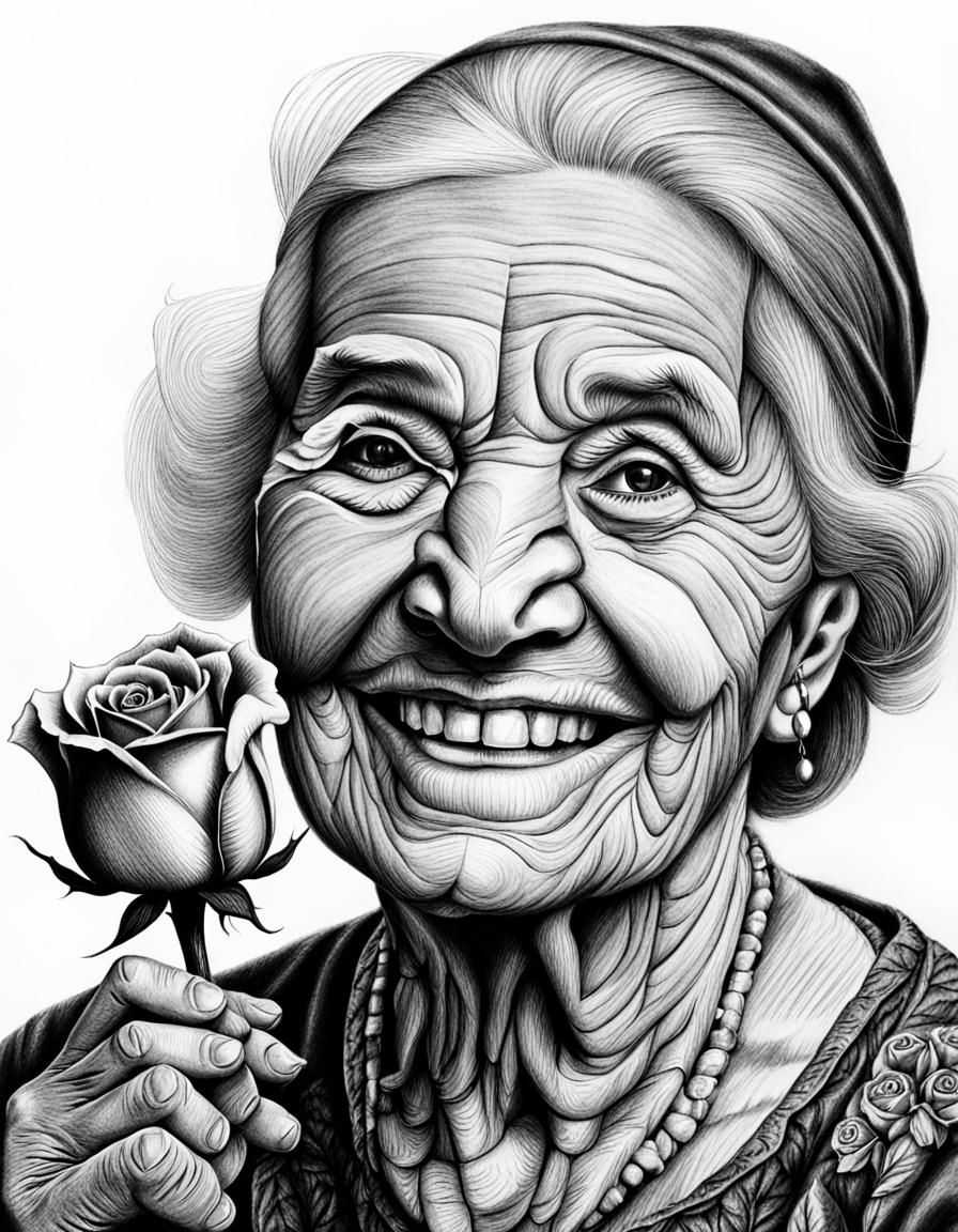 Detailed Charcoal Drawing of Smiling Woman with Rose