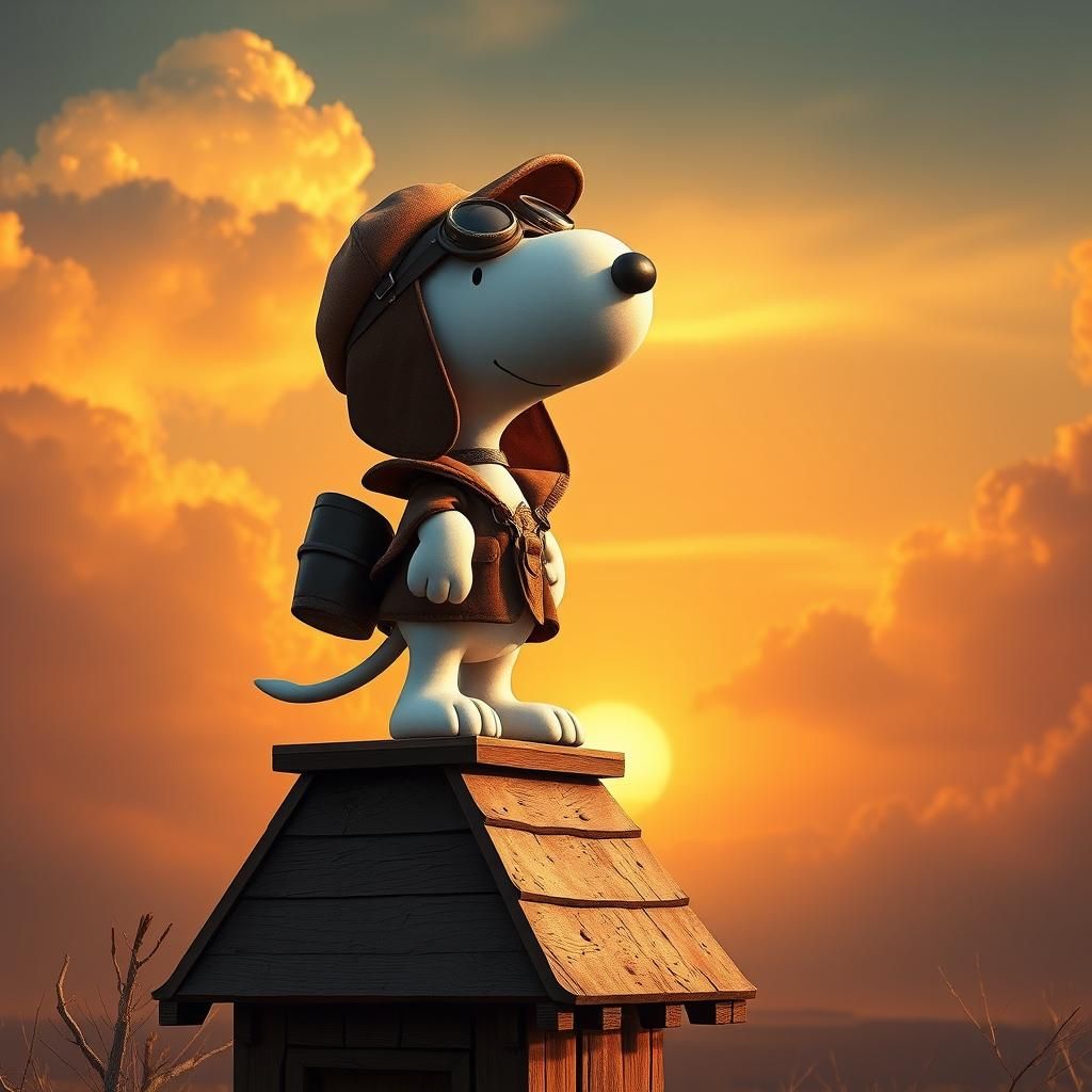 Snoopy as WWI Pilot in Golden Sunset Sky