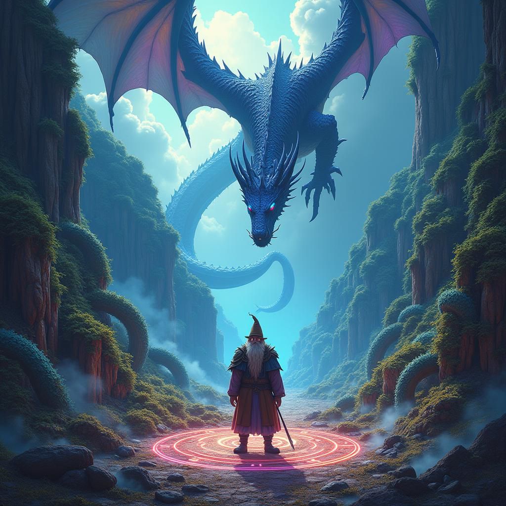 Dragon, Gnome, and Snakes in a Surreal Landscape