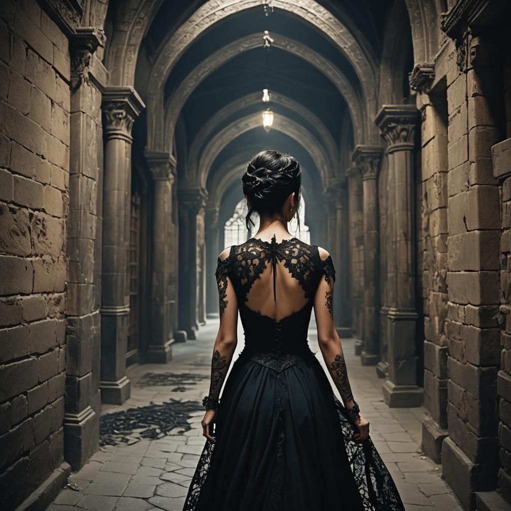 Gothic Woman with Dragon Tattoo in Dark Corridor