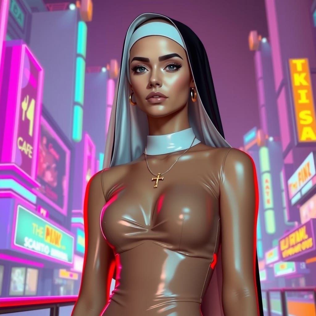 Nun in Latex Dress with Synthwave Neon Backdrop