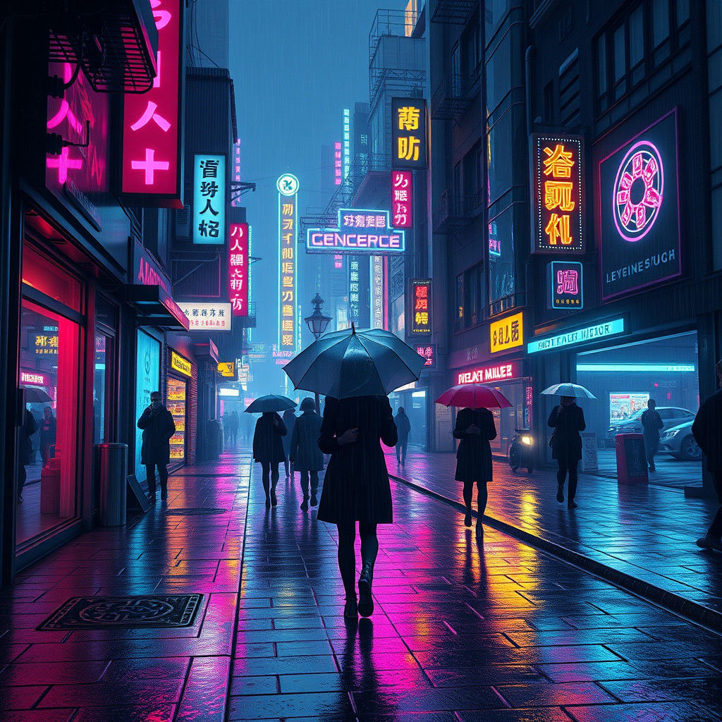 Neon Cyberpunk Street Scene at Night
