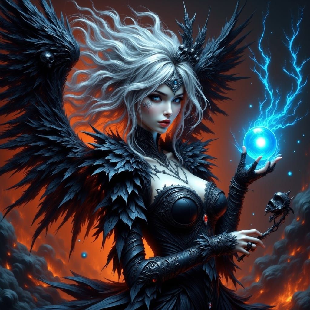 Neon Magic Woman with Skulls and Wings