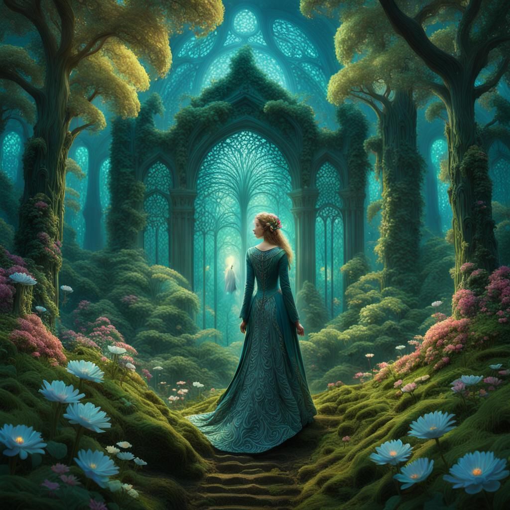 Mystical Woman in Lush Forest, Art Nouveau Style