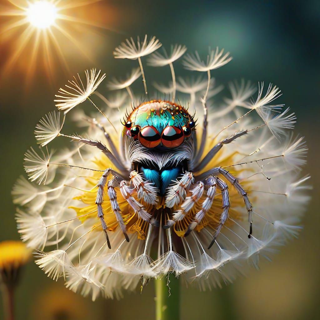 Surreal Spider Ambush in a Dazzling Dandelion Field