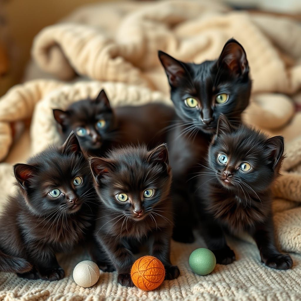 Playful Black Kittens with Mother in Cozy Domestic Setting