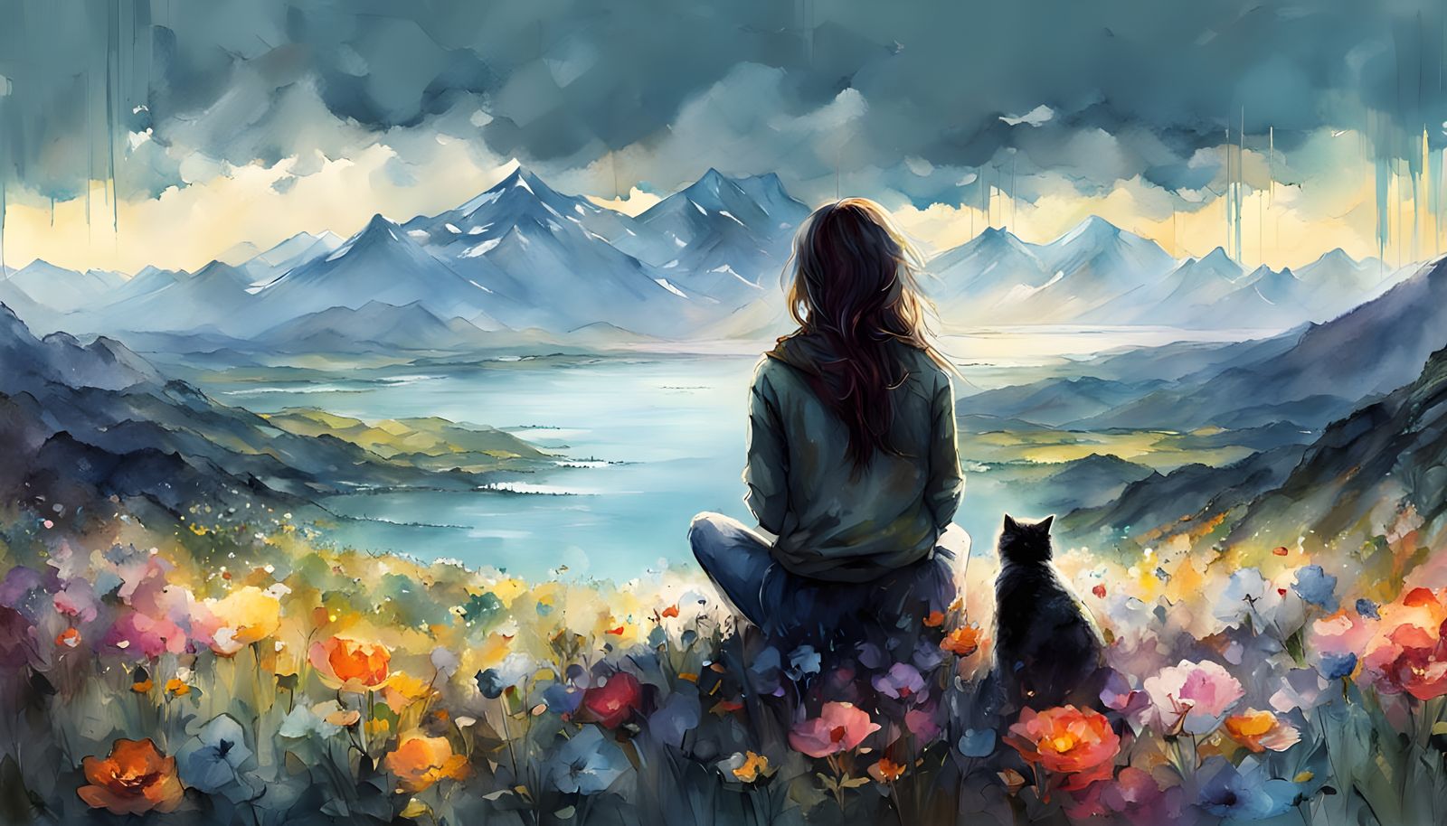 Whimsical Watercolor Scene of Girl and Cat in Dreamy Landsca...