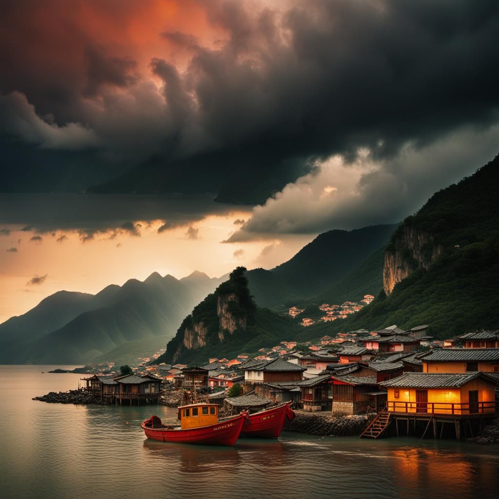 Chinese Coastline Elegy in Golden Sunset