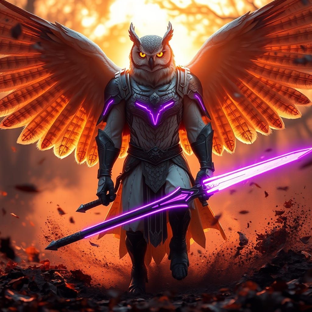 (masterpiece, ultra-detailed,, a majestic owl-man warrior st...