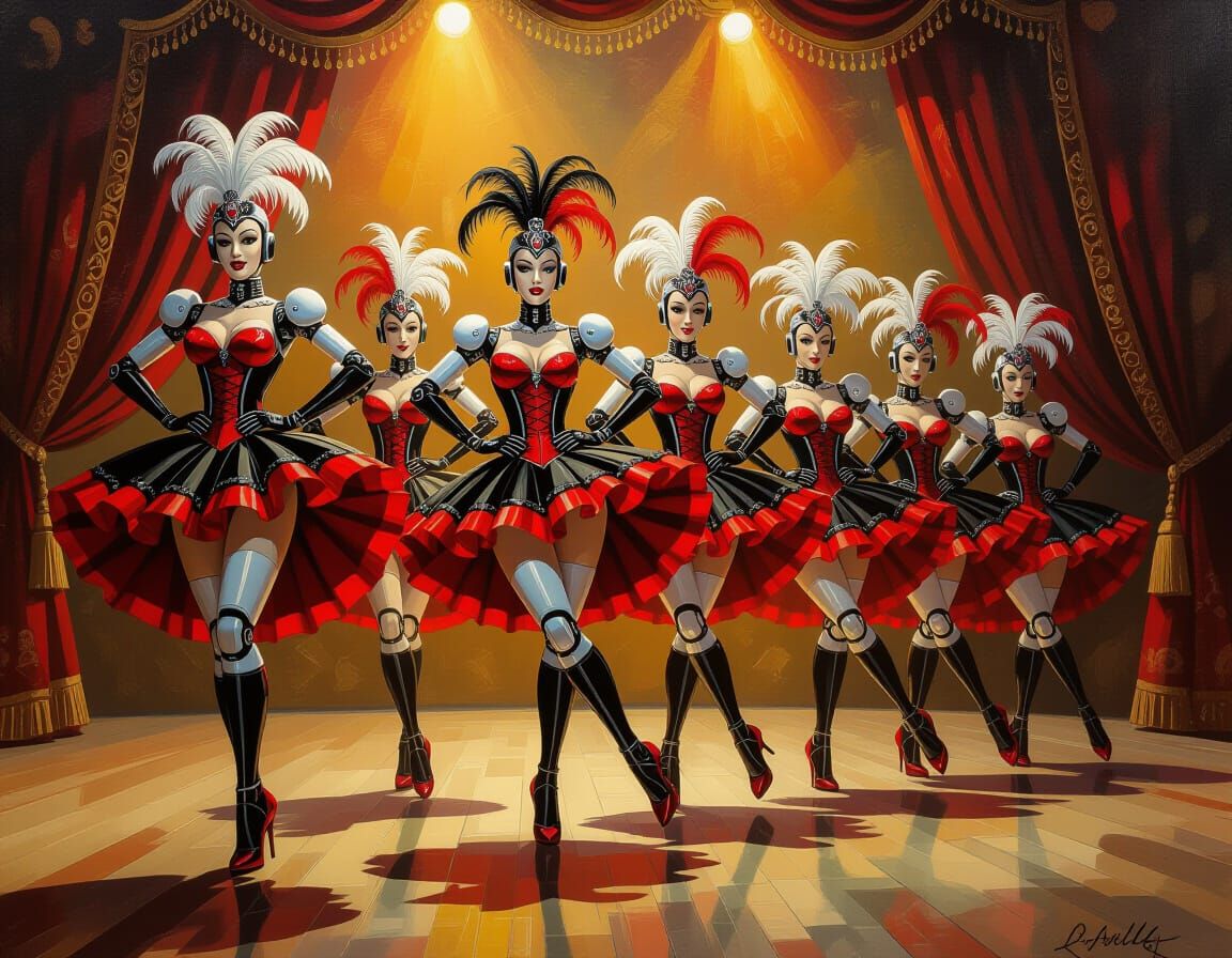 Futuristic Robot Cabaret Performance as Oil Painting