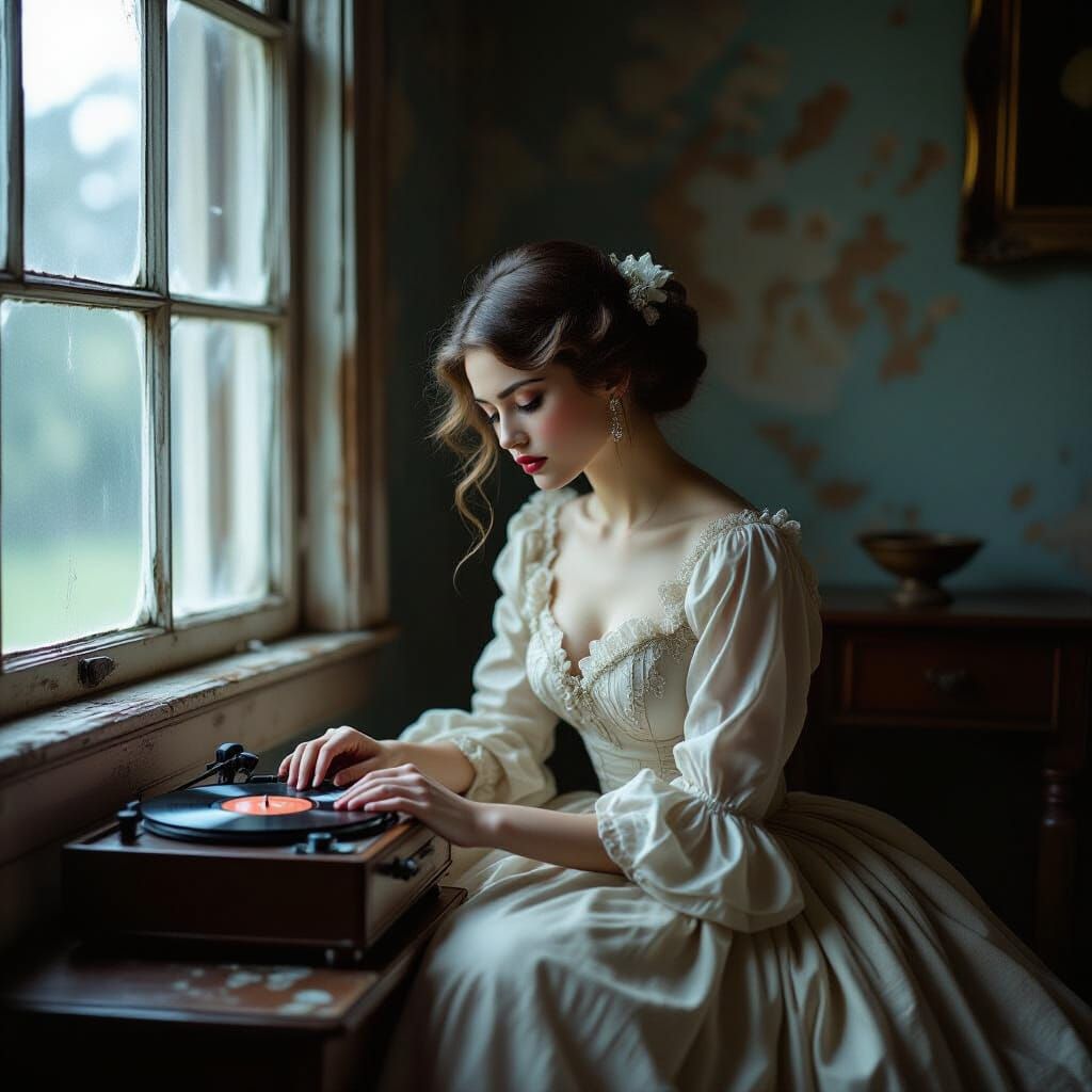 Melancholic Woman in Vintage Gown by Record Player