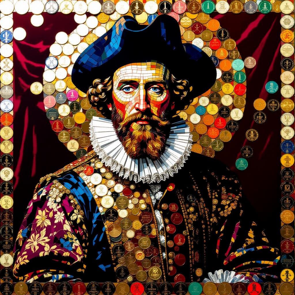 Mosaic Portrait of Historical Figure Made of Coins