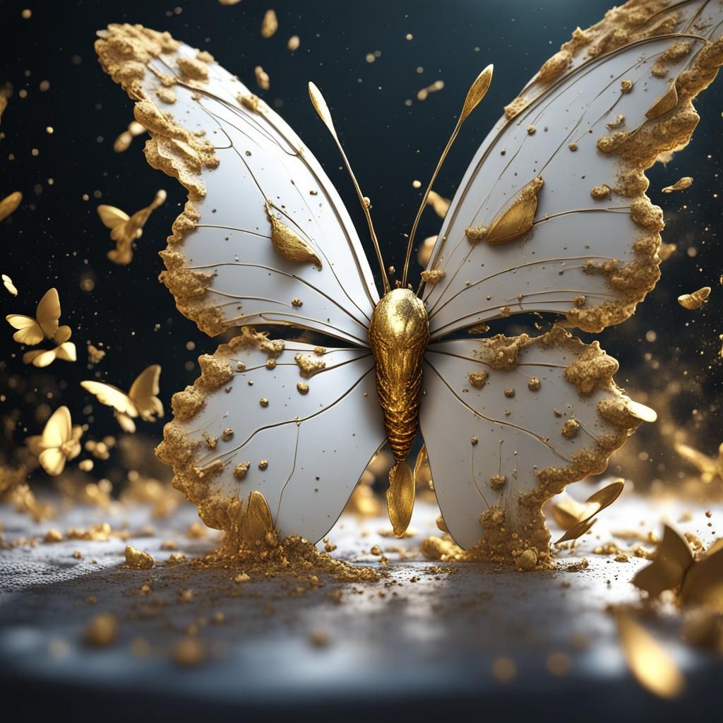 White Butterfly with Gold Splatter Paint Effect