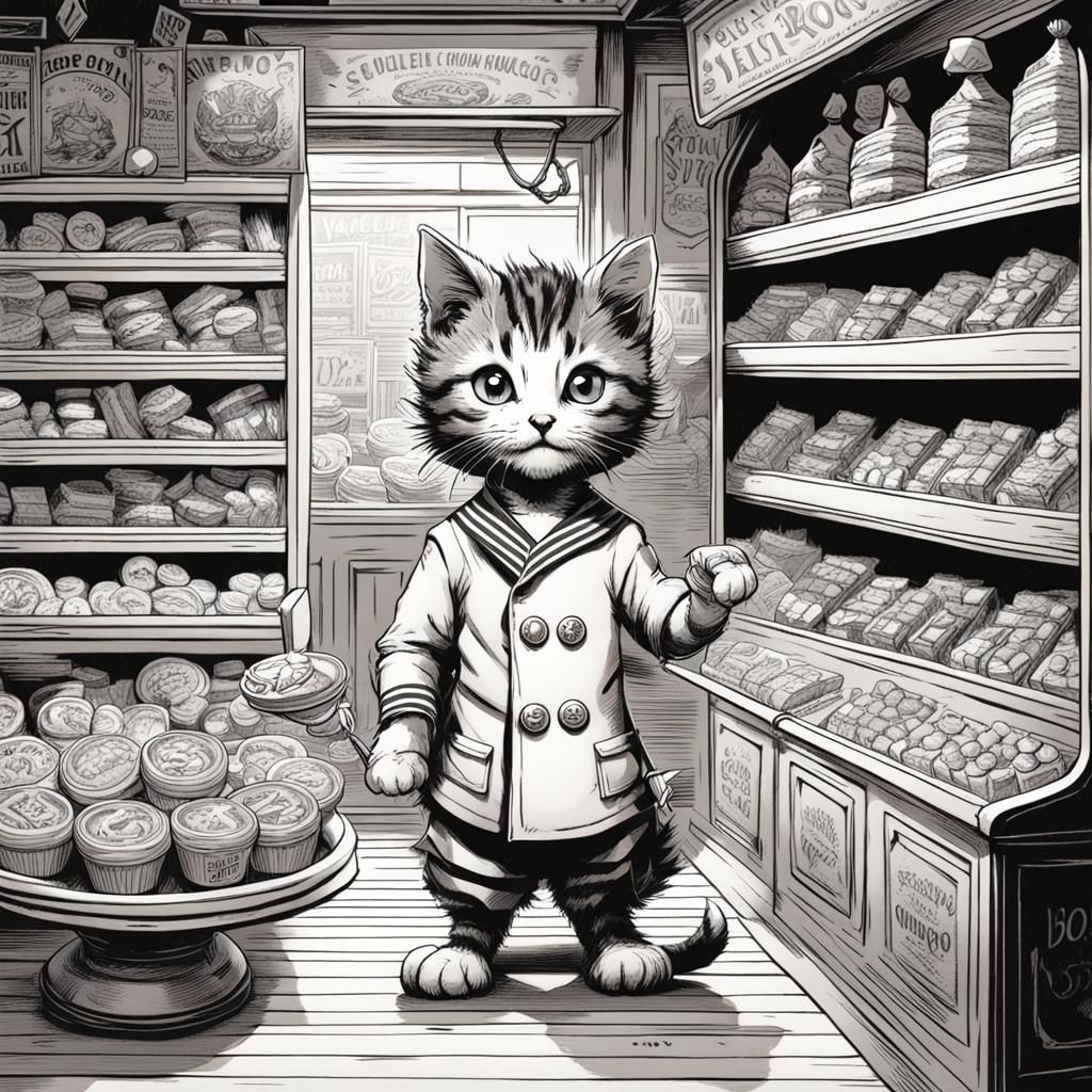 Tabby Kitten in Sailor Suit Shopping, Tenniel Style
