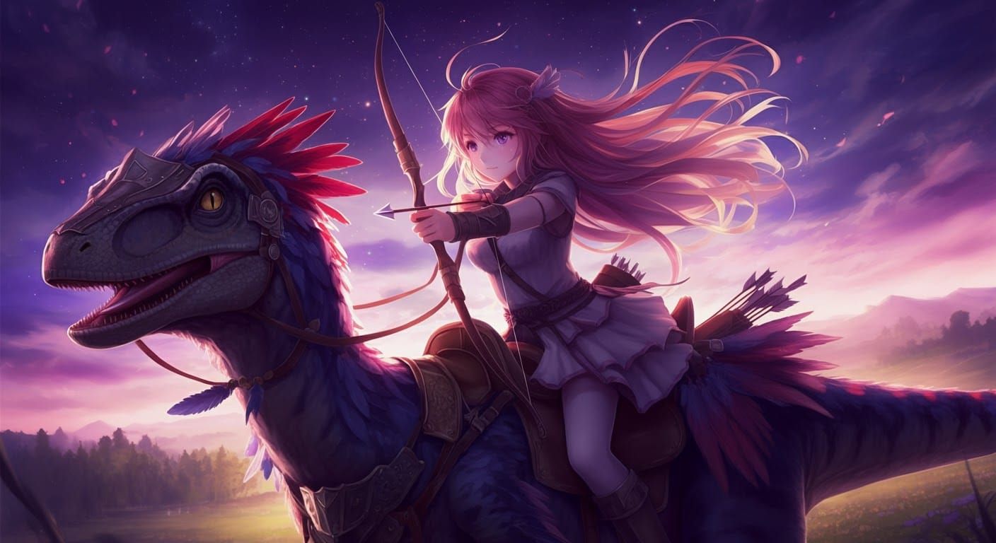 Anime Girl on Armored Raptor, Fantasy Archer
