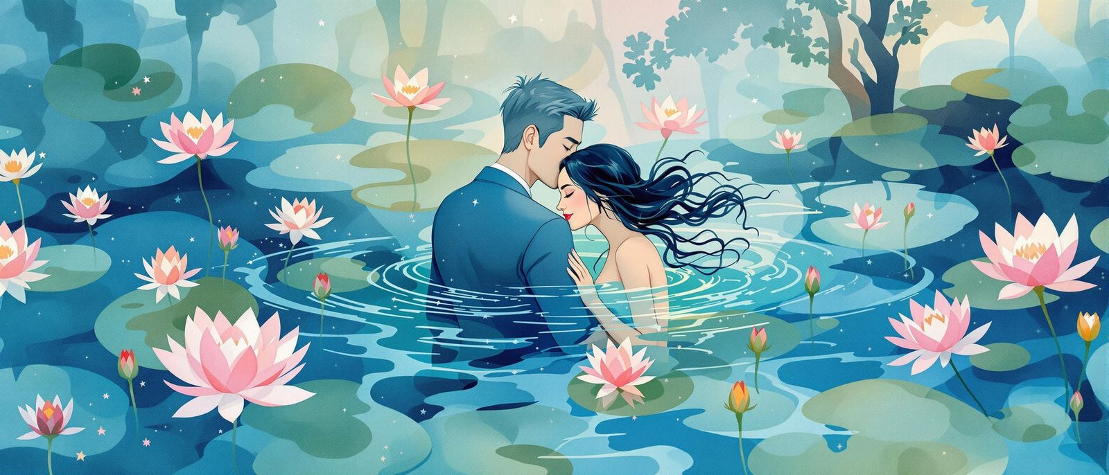 Romantic Couple Embracing Among Water Lilies Watercolour