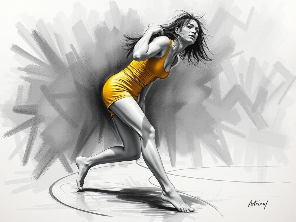 Barefoot Female Wrestler in Hyperdetailed Charcoal Drawing S...
