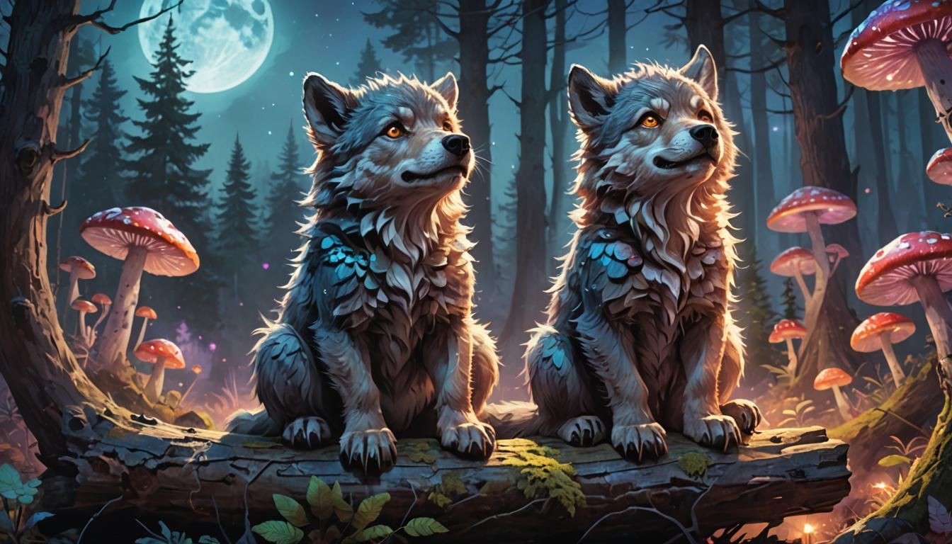 Fluffy Werewolf Cub Howling in Astral Forest
