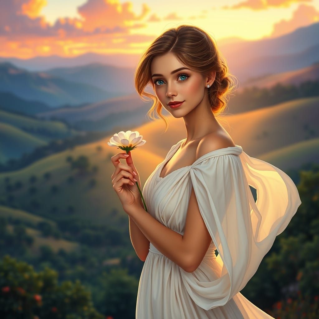 Woman in Flowing Dress Amidst Lush Landscape