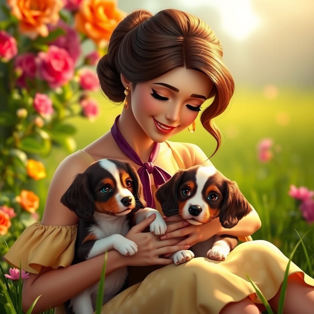 Jane Porter with Puppies, Hyperdetailed Portrait