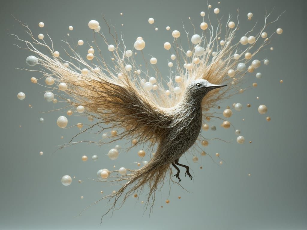 Bronze Bird with Glass Balloons in Dreamlike Digital Art