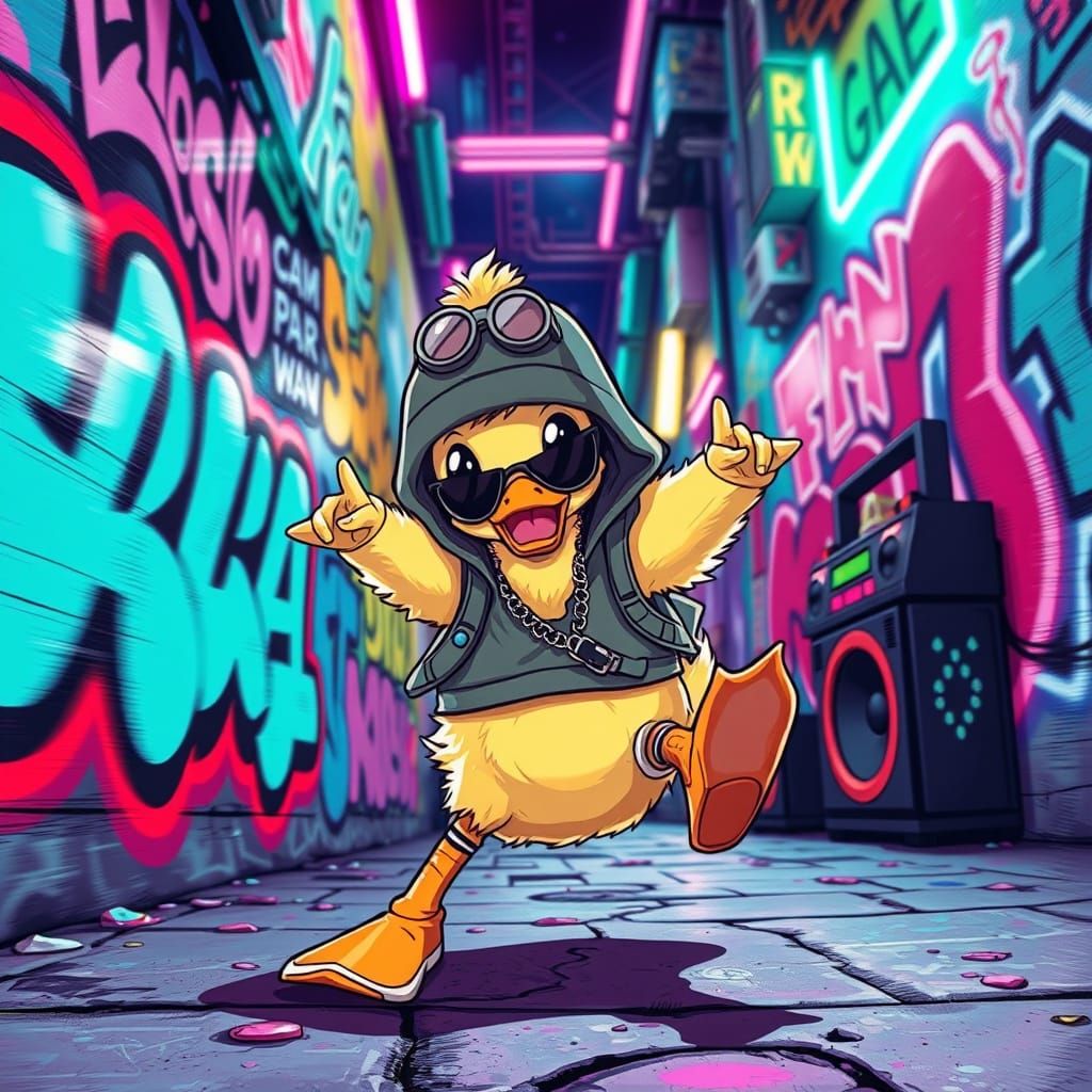 Cyberpunk Duckling Breakdance in Neon Alley