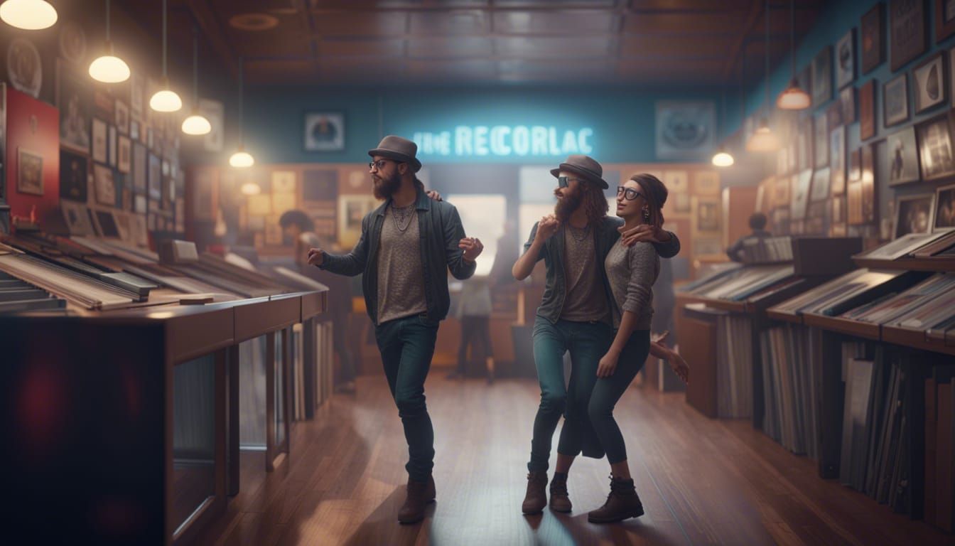 Hipster Couple Dancing in Record Store, Detailed