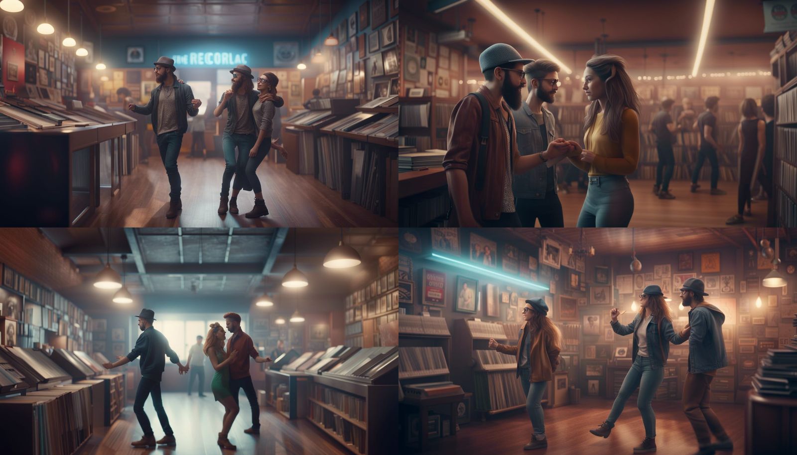 Hipster Couple Dancing in Record Store, Detailed Digital Art