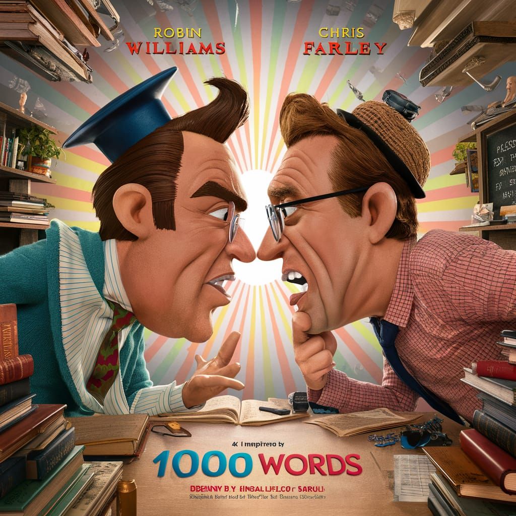 Movie Poster for film titled "1000 words" in a comic font
Starring "Robin Williams" and "Chris Farley"
Picture is two 3...
