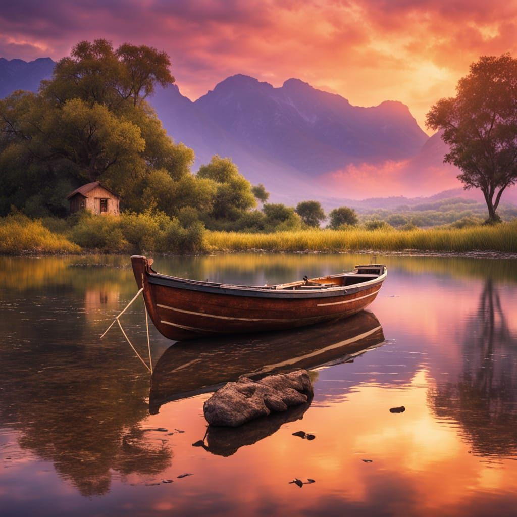 Lagoon Rowboat at Golden Hour: Digital Art