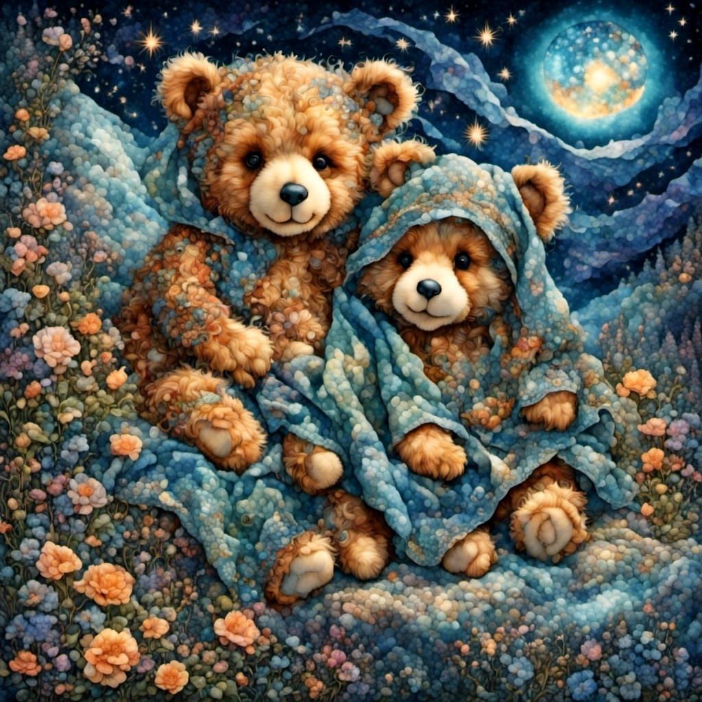 Dreamy Teddy Bears Bedtime Scene Under Starry Sky