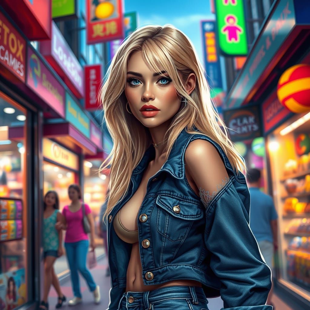 Sultry Blonde Woman in Vibrant Shopping Street Scene