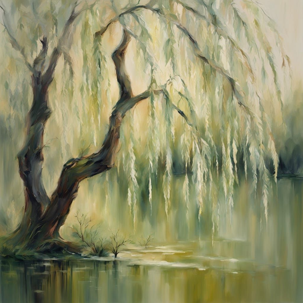 Impressionist Wax Painting of Willow Tree in Wind