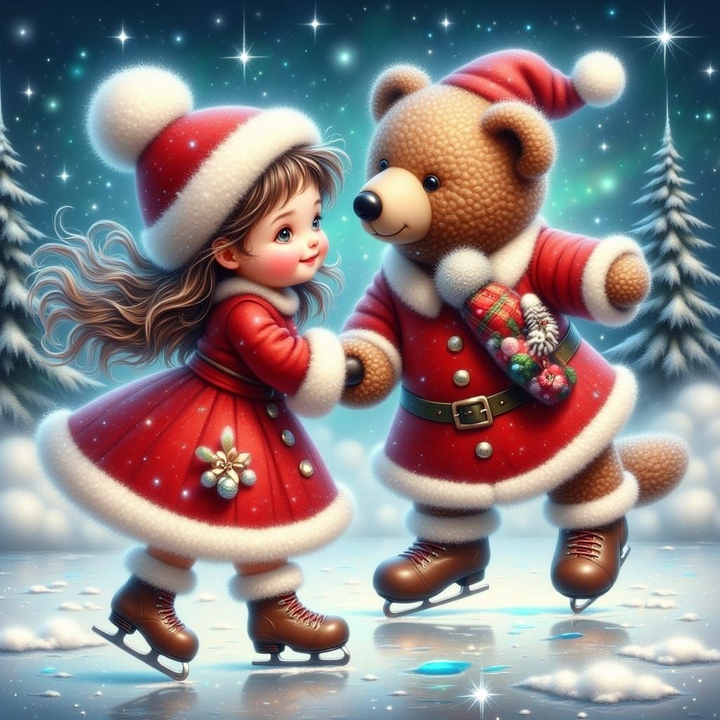 Adorable Girl and Teddy Bear Ice Skating in Winter Wonderlan...
