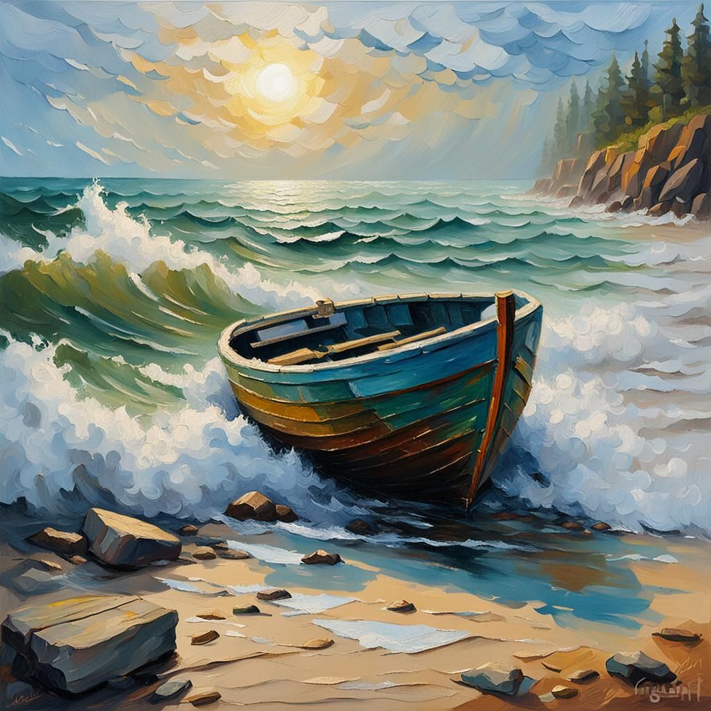 Seashore Impasto Painting with Golden Sunlight