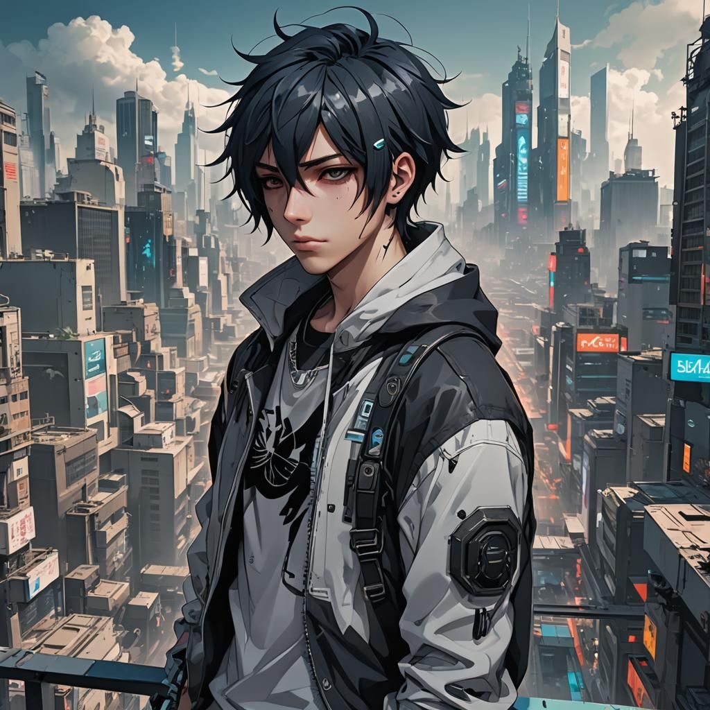 Emo Boy in Cyberpunk Anime Style