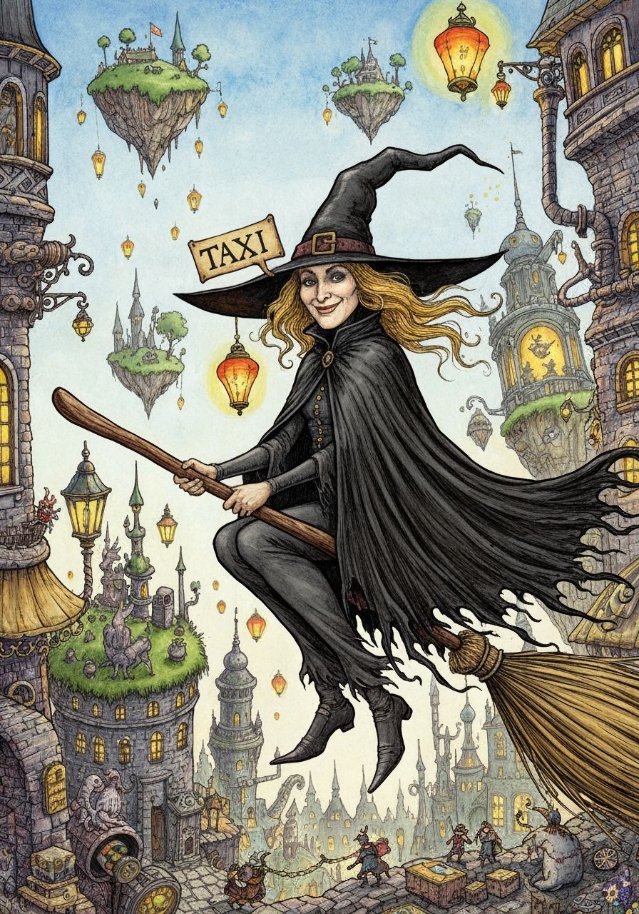 Whimsical Witch Offers Taxi Rides on Enchanted Broomstick