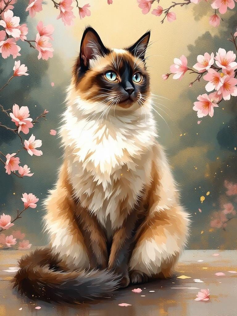 Elegant Siamese Cat Oil Painting with Sakura