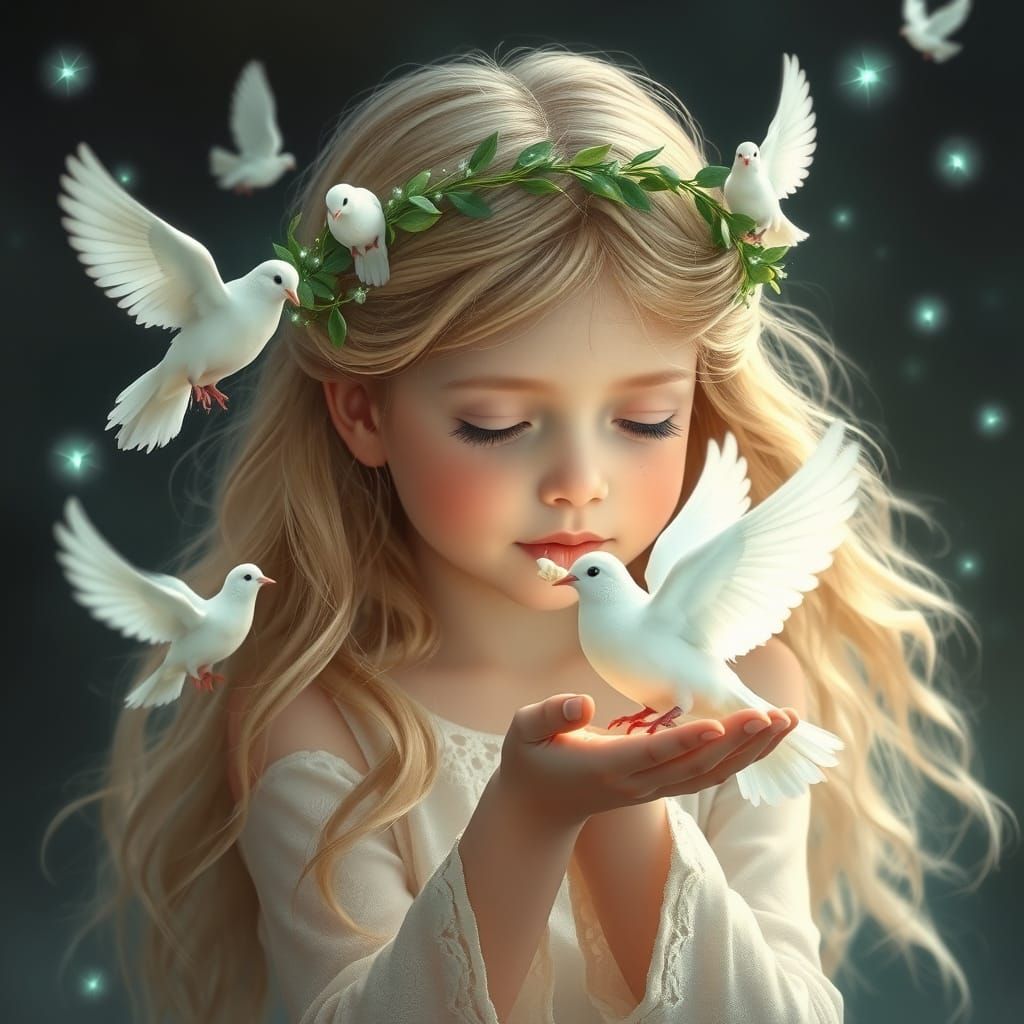 Ethereal Girl Offers Gift to Snowy White Dove in Enchanted F...